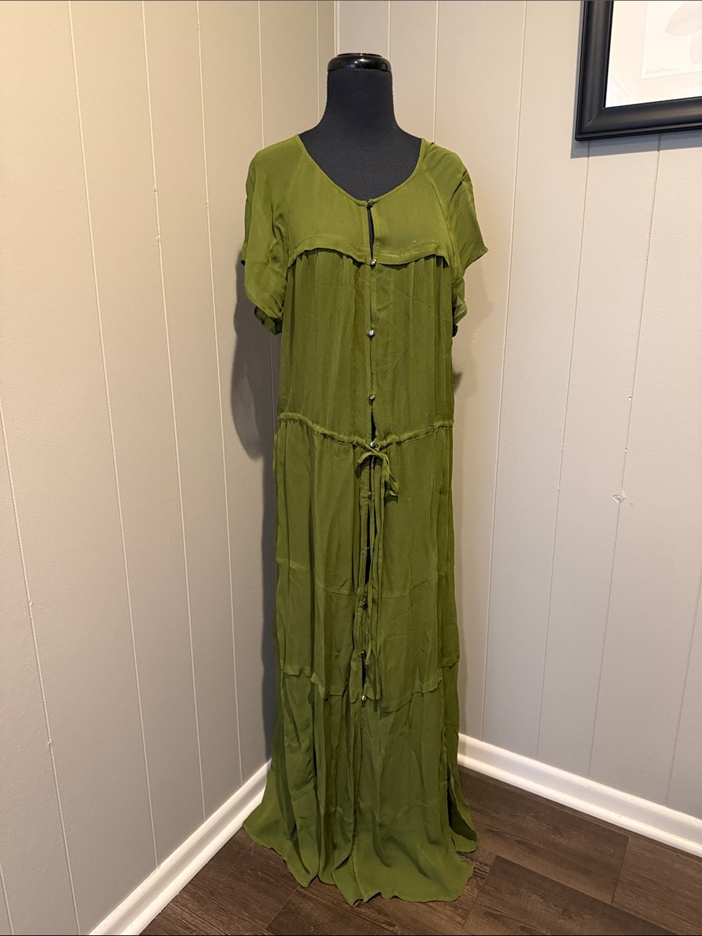 Maeve Women’s Large Olive Green Short Sleeve Button-Front Maxi with Tie Waist